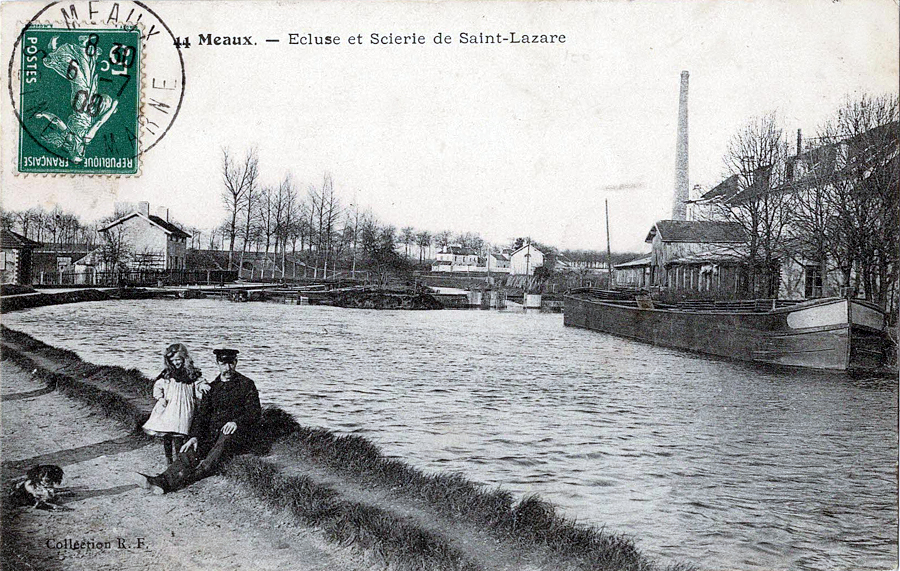 44 Meaux. — Ecluse et Scierie de Saint-Lazare<br>CPA édition R.F. - 06 juillet 1908 (date de la Poste) — <i>collection J.-M. Moreau</i>