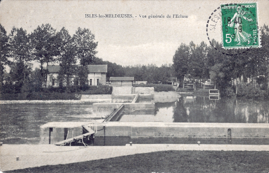 ISLES-les-MELDEUSES. - Vue générale de l'Écluse <br><i>CPA 05/09/1907 (date de la poste) – collection Bergus</i>