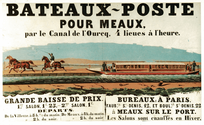 Affiche de la Compagnie des Canaux pour les bateaux-poste pour Meaux, 1837